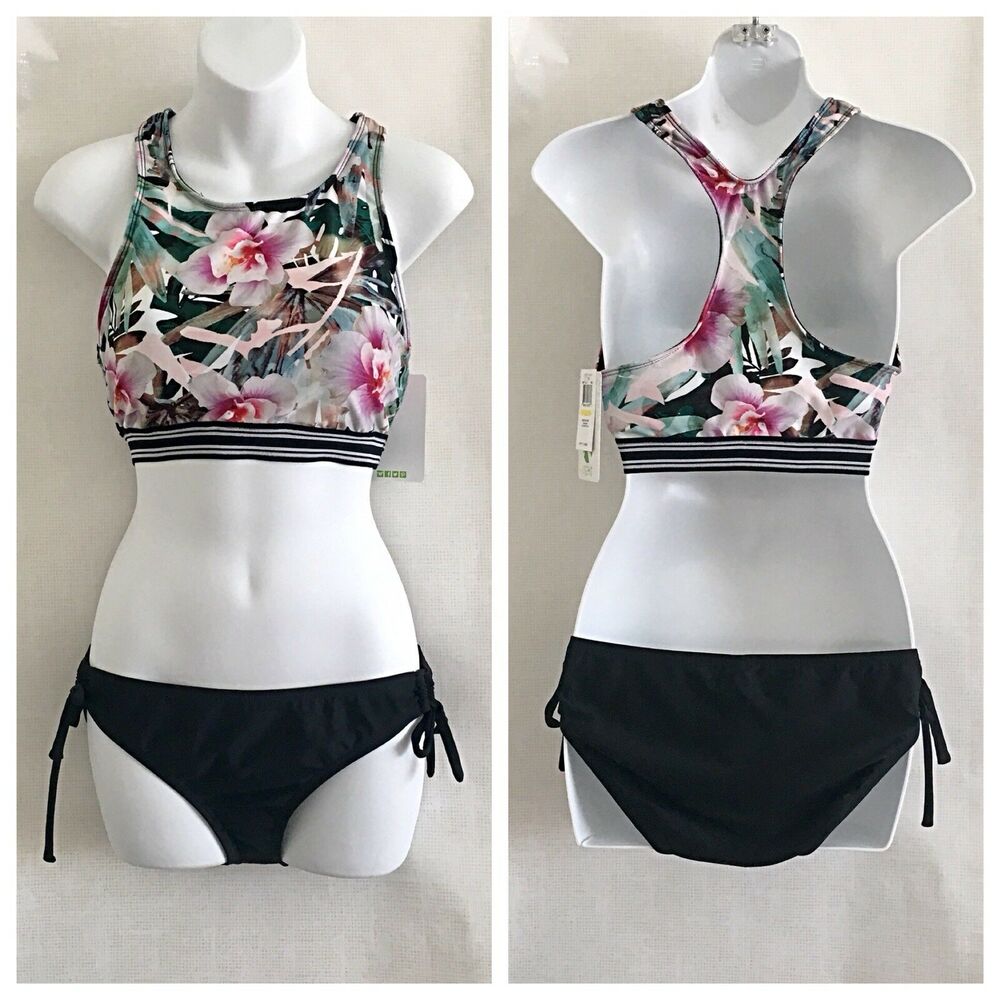 Next Women's Swim Suit Sz M -2 Piece Sports Bra Top Tropics Floral/Pant in Black